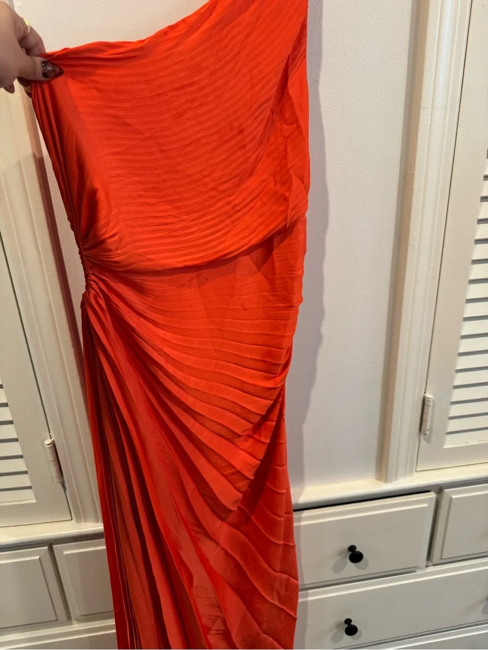 House Of Harlow 1960 One Shoulder Pleated Orange Asymmetrical Midi Dress Sz M